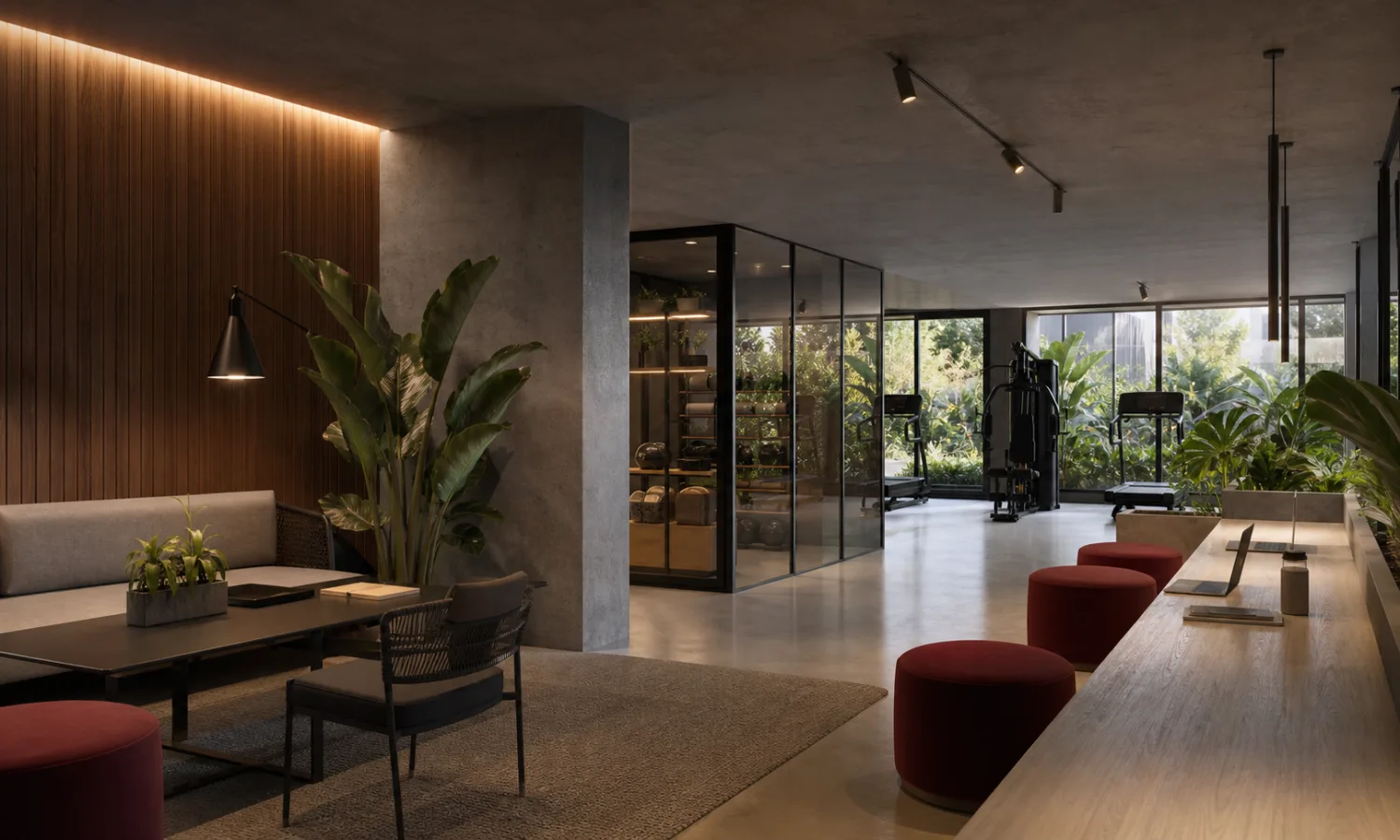 Imagem conceitual de áreas de bem-estar e coworking