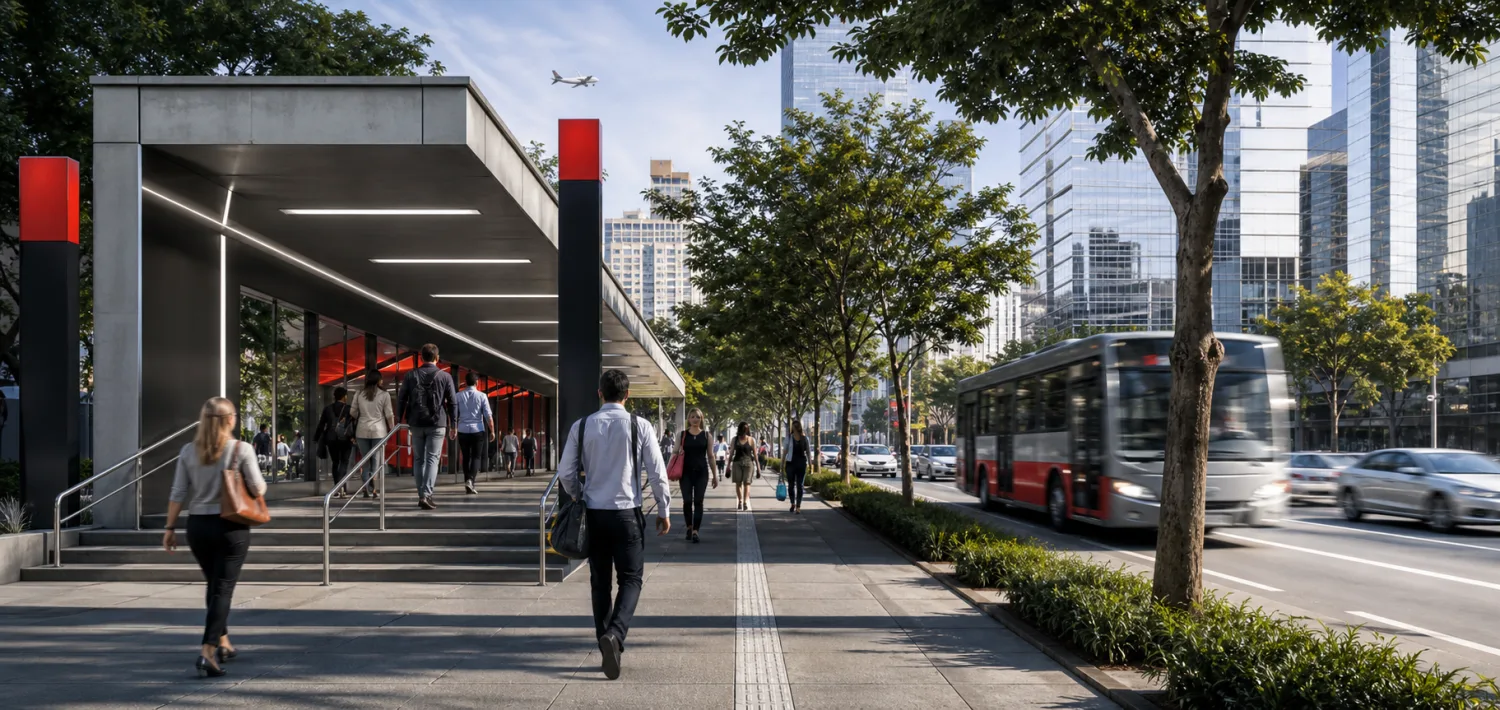 Imagem conceitual de mobilidade urbana próxima a metrô e polos corporativos