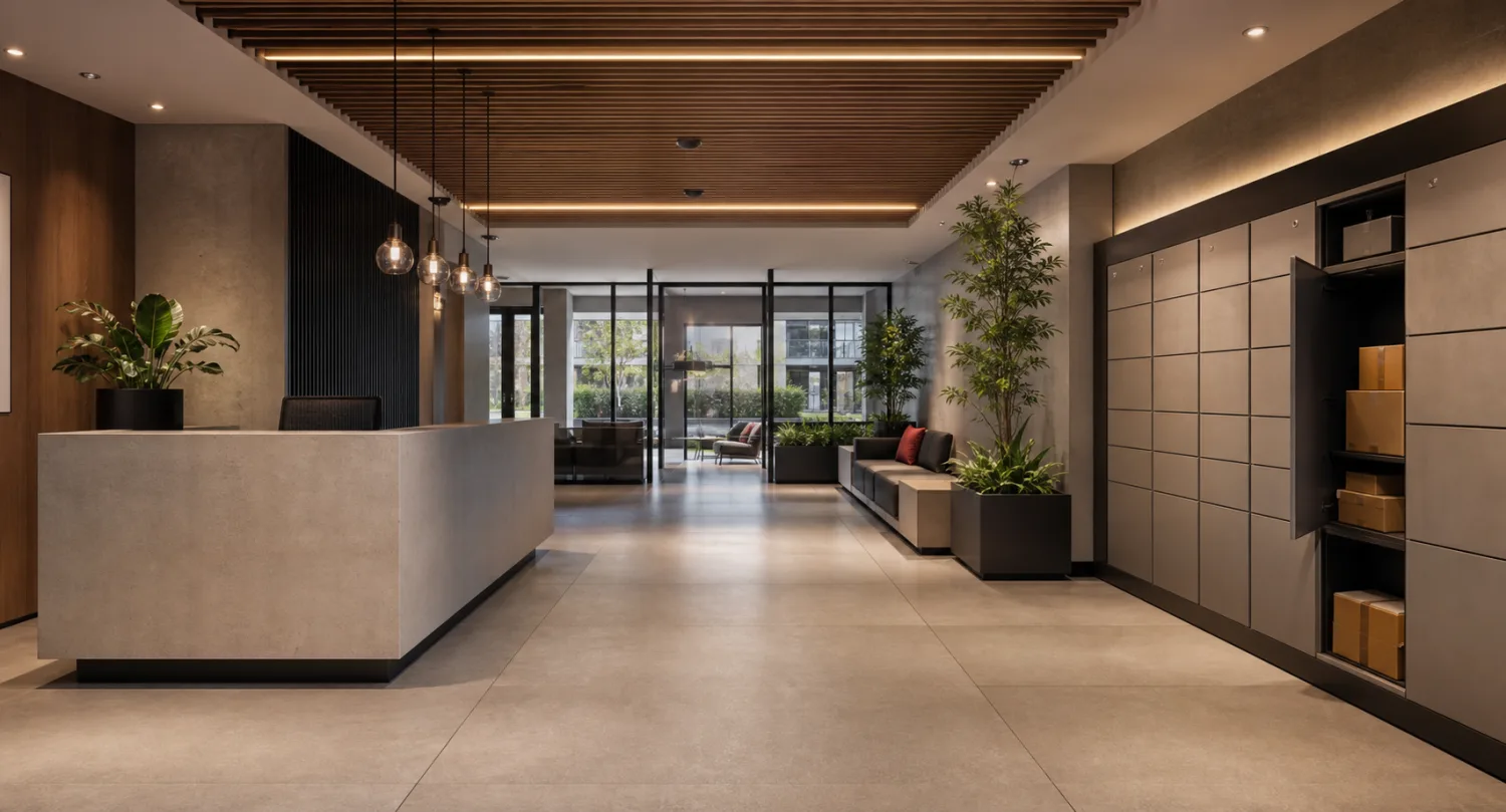 Imagem conceitual de lobby e área de delivery